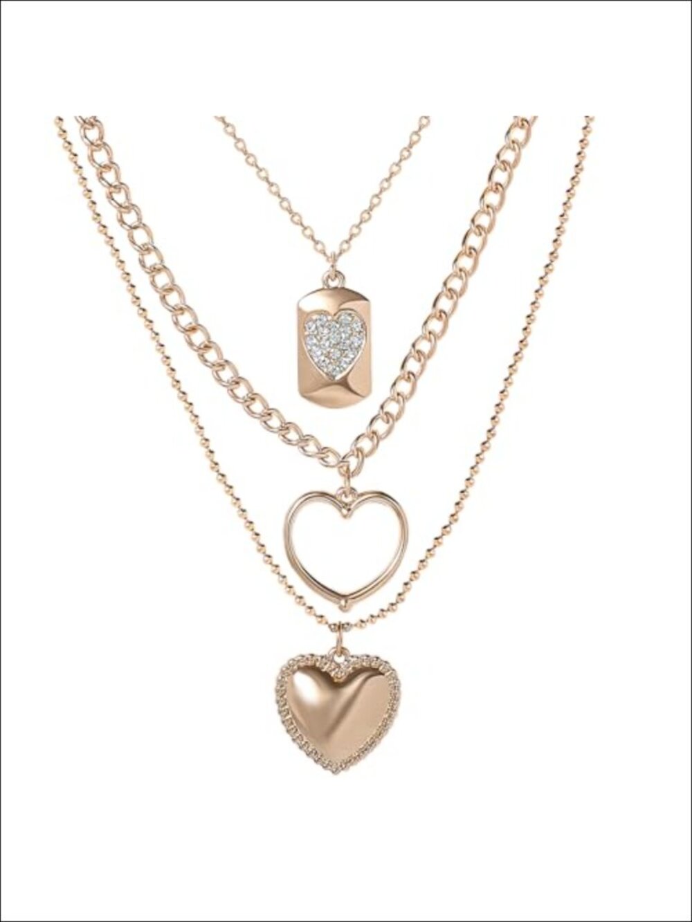 3 Layer Heart Pendant Necklace Gold Tone Crystal Adjustable 19 in